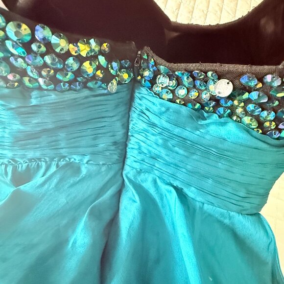 Rachel Allan Teal Beaded High-Low Gown With Bow Detail Size 4 - Picture 5 of 6